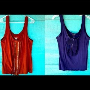 Y2K SET OF 2 BUNDLE TANK TOPS EMBELLISHED SOFT COTTON BLUE RUST LARGE